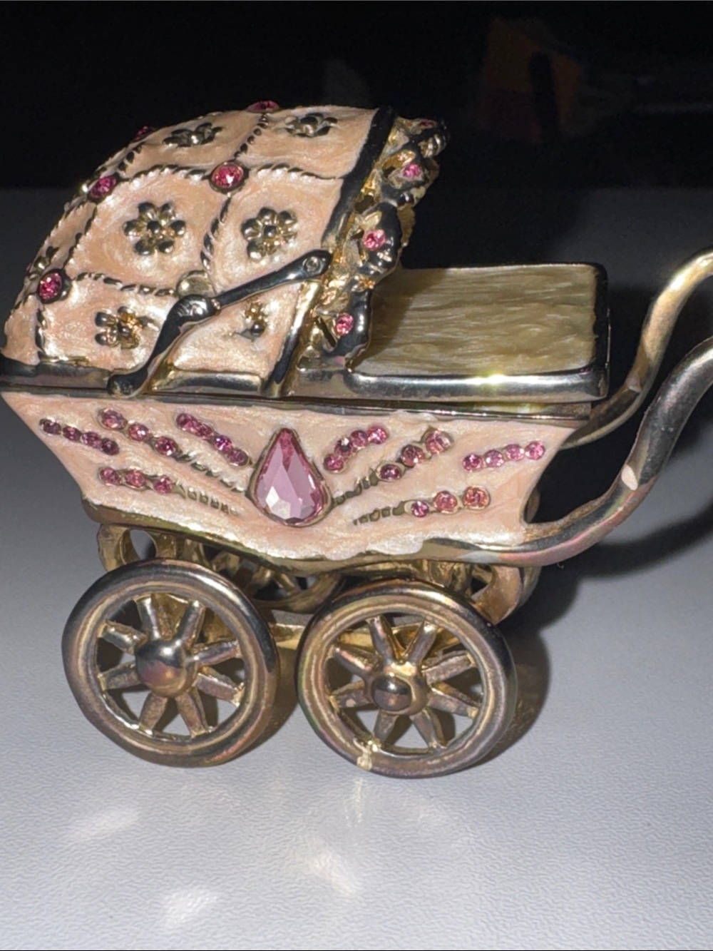 Vintage Keren Kopal Pink Jeweled Baby Carriage Trinket Box see pics